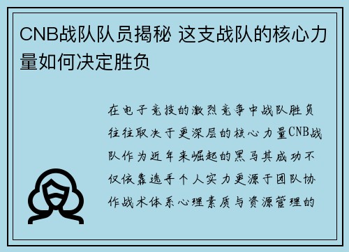 CNB战队队员揭秘 这支战队的核心力量如何决定胜负