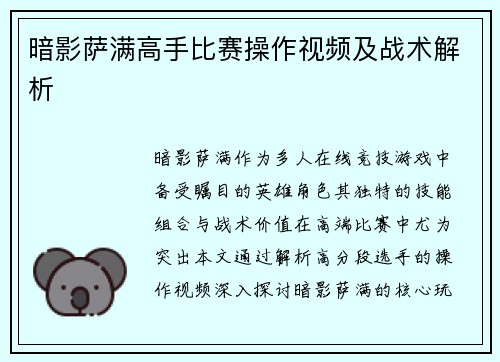 暗影萨满高手比赛操作视频及战术解析