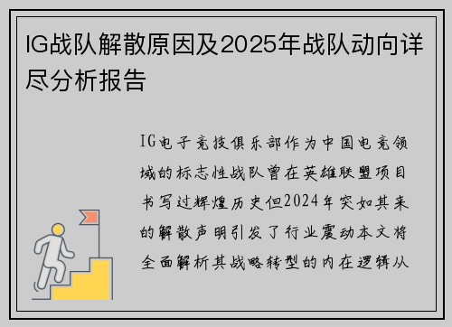 IG战队解散原因及2025年战队动向详尽分析报告